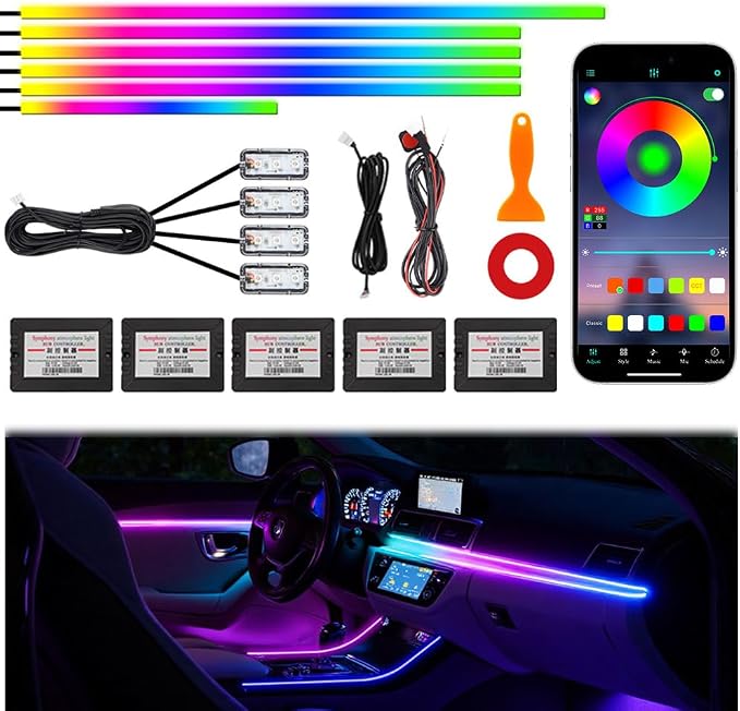 Acrylic Interior Car Ambient Lighting Kits, LED Strip Lights with Wireless APP, Neon Fiber Optic Lights Function LED Strip for Car with Music Modes (10 in 1) by Unknown