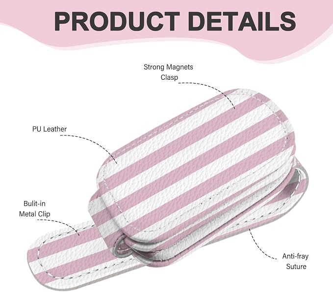 2 Pack Magnetic Leather Sunglass Holder, Universal Magnetic Car Eyeglass Hanger Clip for Different Size Eyeglasses, Car Visor Accessories (Pink Stripes) - Image 2