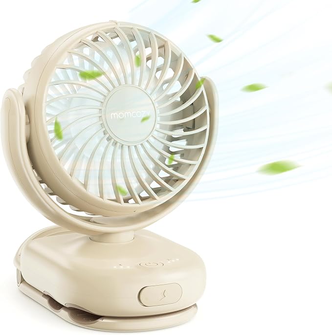 Momcozy Portable Stroller Fan with Clip, 4-Speed Mini Cooling Fan, 0.26 Lb | Ultra-Light Rechargeable Design, Gaps ≤ 4.5 mm, Rotating Handheld Cooling for Carriers, Backpacks and Tables by Momcozy