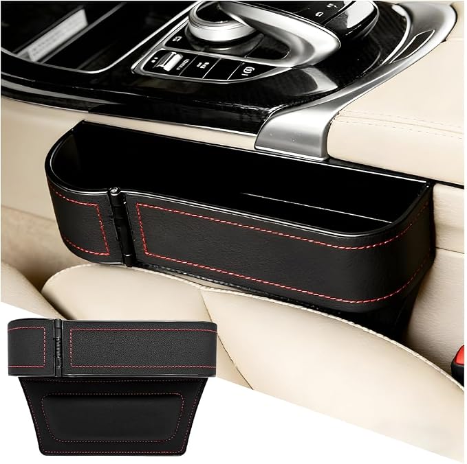 Car Seat Gap Filler Organizer with Cup Holder Expander, Leather Console Seam Filler Storage Box, Auto Front Seat Gap Organizer for Phones Keys Glasses, Universal Fit (Black/Red Driver) by Unknown