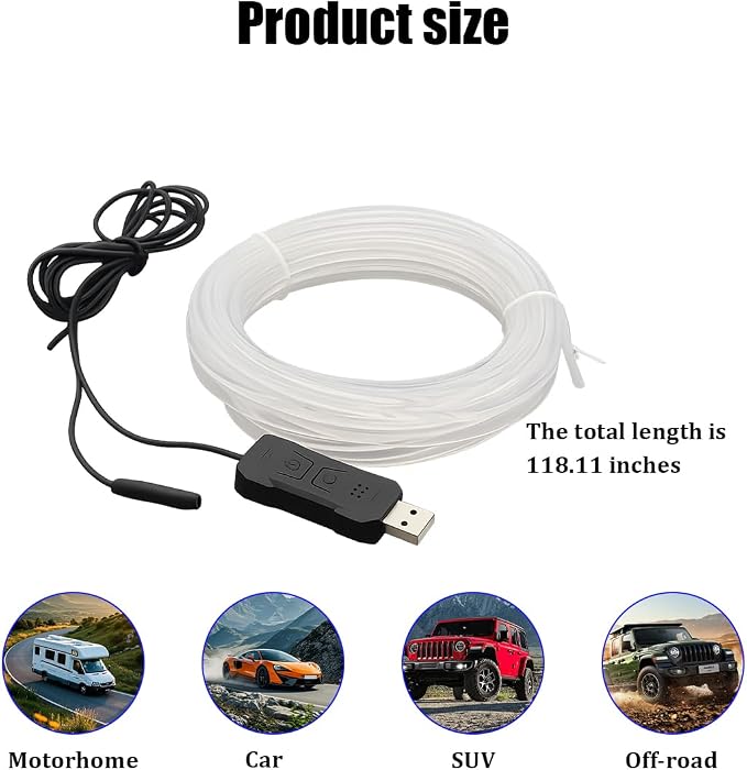 9.84FT EL Wire Interior Car LED Strip Lights, USB Neon Vehicle Ambient Lighting with Fiber Optic, Sound Music Active Automotive Inside Decorations Lamp Strip, Universal Fit - Image 2