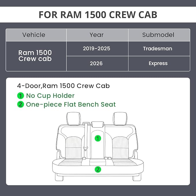 EKR Ram 1500 Seat Covers Custom Fit for (Crew Cab) RAM 1500 Tradesman 2019-2025 & Express 2026,Waterproof Leather Black Car Seat Cover for Trucks Full Set-Faux Leather (Black with Blue Piping) - Image 2