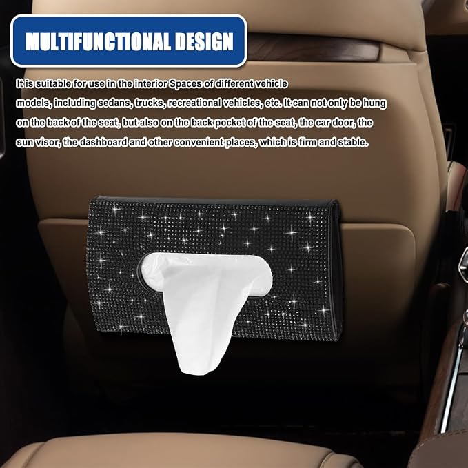 Bling Car Sun Visor Tissue Box Holder, Visor Accessories, Rhinestone PU Leather Crystal Sparkling Napkin Holder, Auto Sun Visor Paper Towel Cover Case Accessories for Most Cars (Black) - Image 6