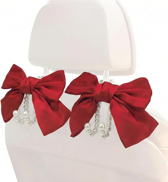 2PCS Satin Bow Pearl Car Seat Headrest Hooks – Car Bag Holder & Vehicle Hanger for Purses – Cute Coquette Aesthetic Interior Decoration – Cute Auto Organizer Accessories Universal (Red) - Image 9