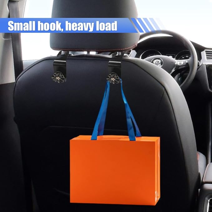 Craedli 2PCS Bling Car Seat Headrest Hook, Cute Rhinestone Flower Seat Back Storage Organizer Hanger Car Purse and Bag Hooks Holder, Universal Interior Accessories for Handbag Grocery Bag Coat (Black) - Image 4