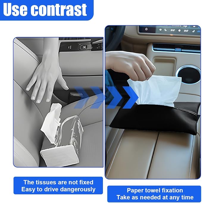 YoRise Car Tissue Holder, PU Leather Car Napkin Holder with Adjustable Strap, Center Console Tissues Box Cover, Sun Visor Organizer Keep Auto Tidy, Vehicle Headrest Storage Accessories (Black) - Image 4