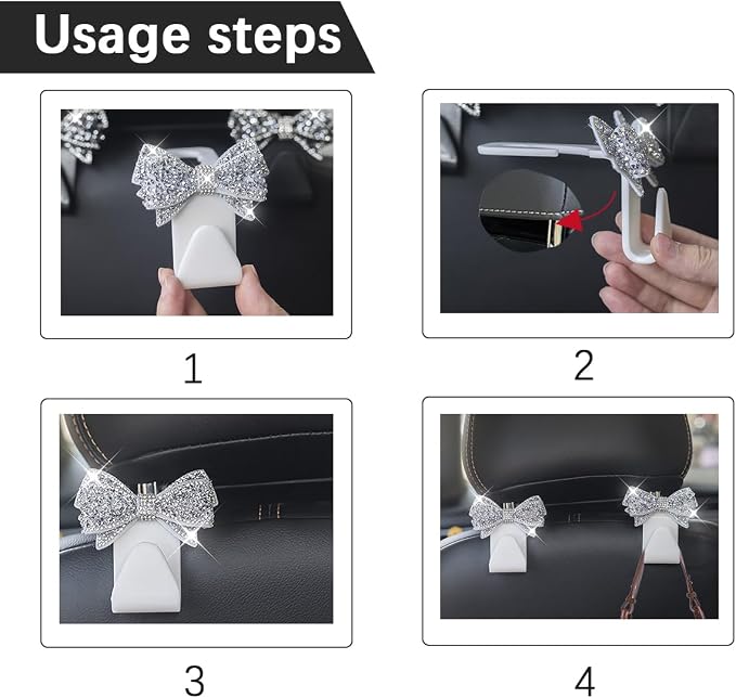 Zpana Bling Car Headreat Hook, 2PCS Crystal Rhinestone Cute Bow Vehicle Seat Back Hanger Storage for Purses Bags Grocery, Diamond Auto Rear Seat Organizer, Universal for SUV Truck Sedan (Pink) | PVC construction, rhinestone bow design, compact rear sea... - Image 5