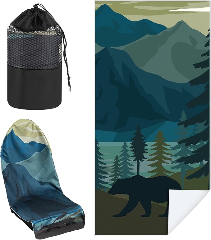 1 Pack Car Seat Towel Cover with Storage Bag, Grizzly Guide Style | 63 x 32 in Car Towel Seat Cover Non Slip Waterproof, Gym Workout Swimming Running, Machine Washable Sweat Absorbent Protector by Hahafelt