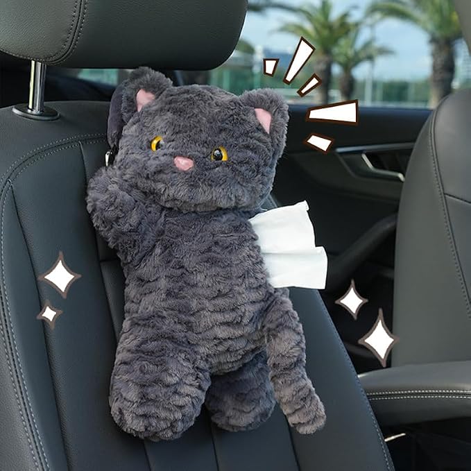 Cute Cat Car Tissue Holder Plush Kitten Paper Box for Backseat Adorable Hanging Organizer & Decor for Women Pet Lovers & Gifts (Black) - Image 6