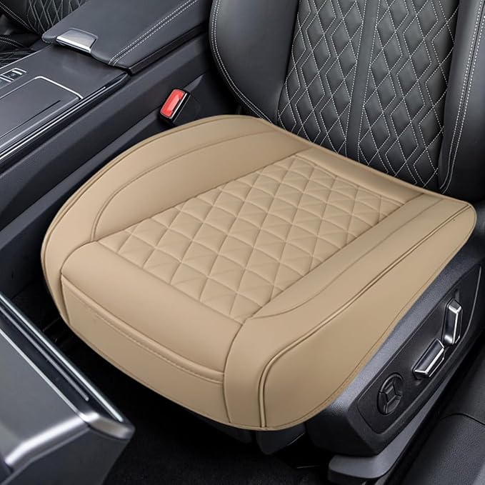 Luxury Faux Leather Car Seat Cover, Car Seats Cushion, Beige | Anti-Slip Waterproof Universal Front Bottom Seat Protector with Storage Pocket for Sedans, SUVs, Trucks, Triangular Pattern by Unknown