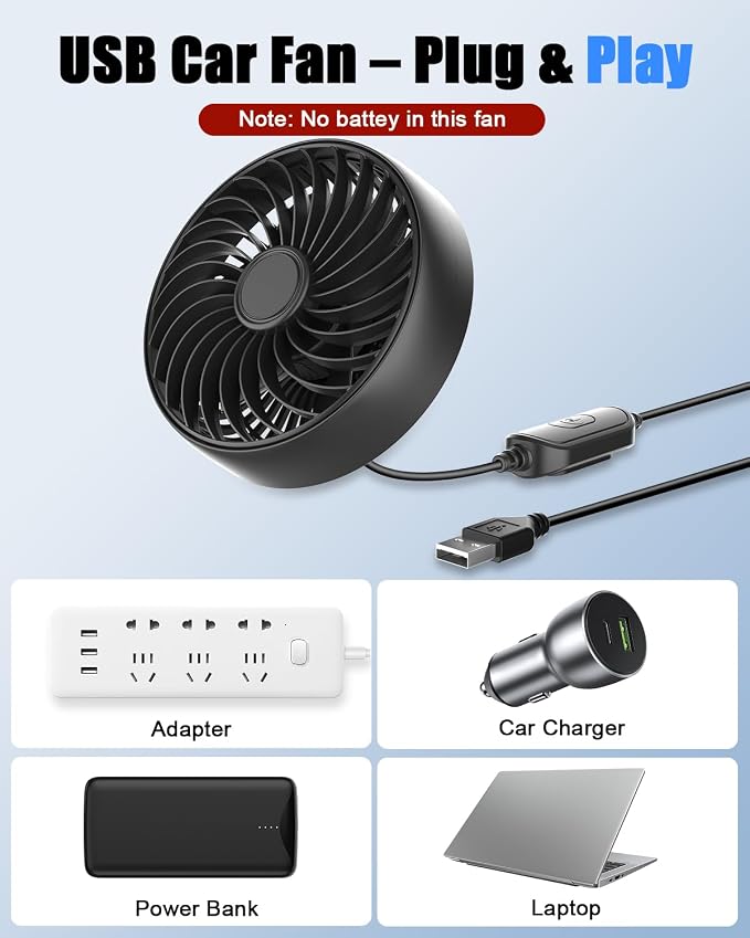 USB Car Vent Fan, 3-Speed Quiet Brushless Hook Mount Air Circulator | 5V 360°rotatable clip-on fans,mini soft airflow for driver, fits car/truck/SUV/Van/RV, plug in auto fan non-rechargeable - Image 7