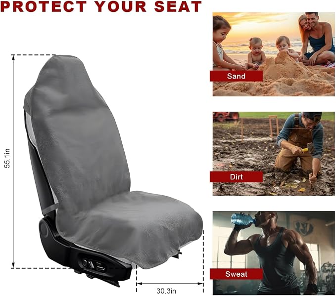 Car Towel Seat Cover, Waterproof Non-Slip Front Seat Protector for Post Gym Workout Beach Hiking, Sweatproof Washable Bucket Seat Protective Cover for Car SUV Truck Sedan (Gray) - Image 2