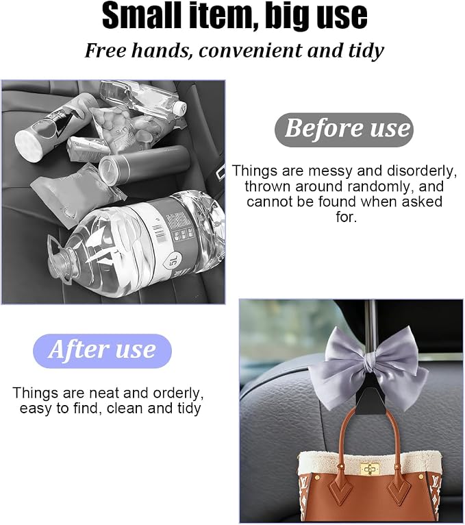 2PCS Car Seat Headrest Hook, Cute Bow Stylish Seat Back Purse Handbag Hanger Organizer, Multi-Purpose Auto Backseat Storage Hook Holder for Umbrella Coat Bag, Universal Fit (Purple) - Image 5