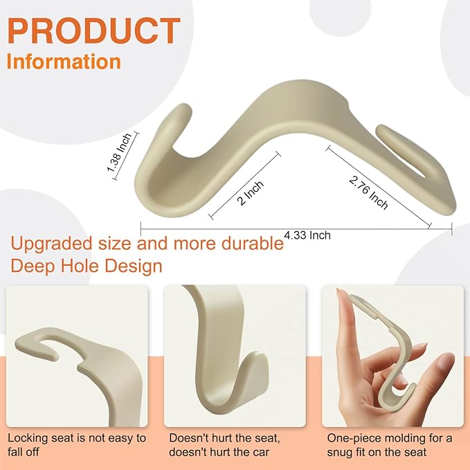 4-Pack Car Seat Hooks - 55 lb Each, Fits 0.32-0.55 in Headrest Rods | Purse holders; PP construction; tool-free setup; 360° swivel; beige; for groceries, backpacks, gym bags, and baby gear - Image 2