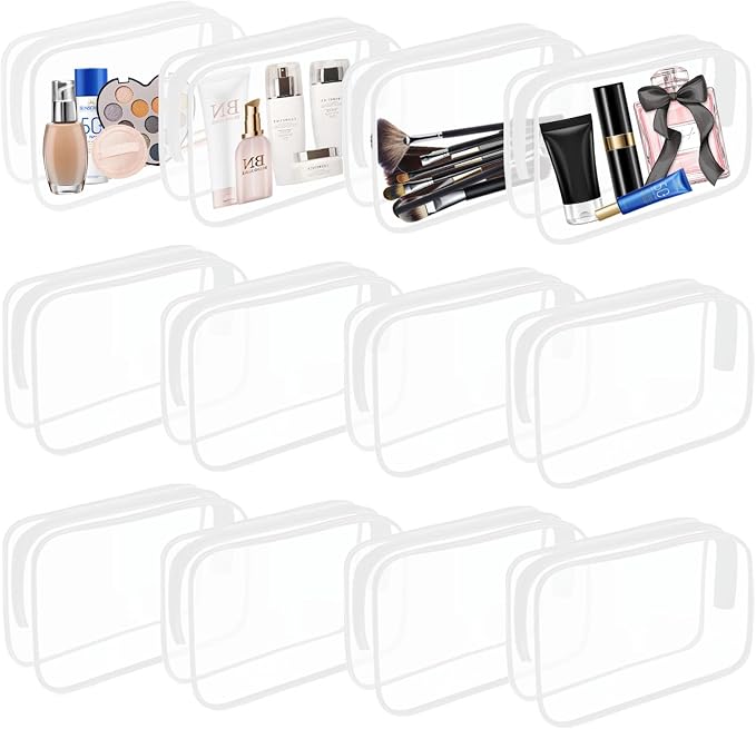 12 Pieces Clear Cosmetics Bag, Clear Zippered Cosmetic Makeup Pouch, TSA Approved Toiletry Bag for Travel, Waterproof Vinyl Plastic Organizer Case for Vacation Bathroom (White Medium) by YOQIVEXU