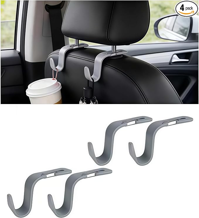 4PCS Car Seat Headrest Hook, Multi-Purpose Seat Back Hanger Purse Bag Handbag Organizer, Auto Interior Backseat Storage Hook Holder for Coat Hat Grocery Umbrella, Universal Fit (Gray) by Unknown