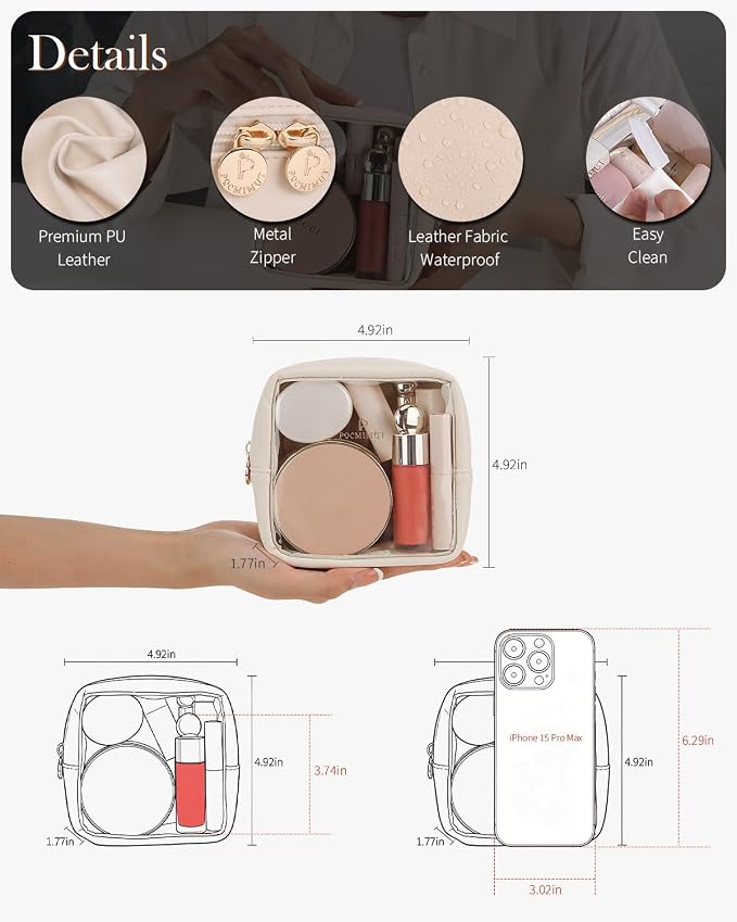 Mini Makeup Bag with Small Cosmetic Bag Travel Essentials Organizers,TSA Approved Toiletry Bag Makeup Pouch Clear Cosmetic Bags for Women,Beige - Image 4
