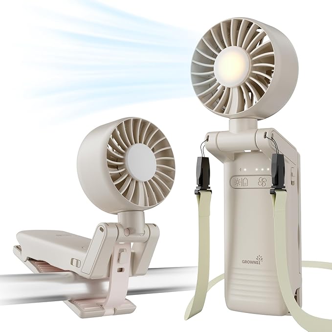 GROWNSY 4-in-1 Portable Baby Stroller Fan with Clip & Night Light, Beige | Foldable & Rechargeable, 4 Adjustable Wind Speed for Handheld/Car Seat/Carrier/Beach/Travel/Crib/Camping by GROWNSY