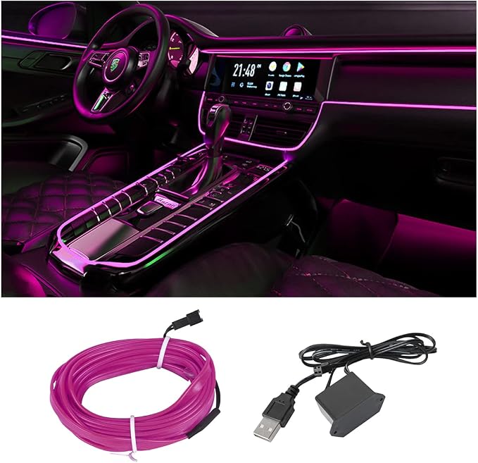 16FT EL Wire Strip Lights, USB Car Neon Trim, Sewing Edge, Purple | USB-powered operation, sewing-edge design, fuse protection, interior ambient lighting use, cut-to-length construction by HIPOPY