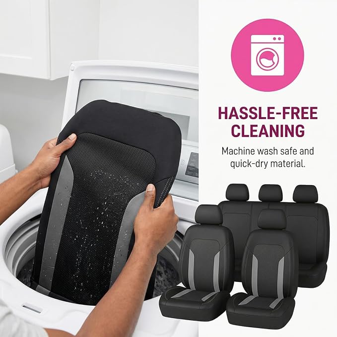 Car Seat Cover Full Set, Breathable Split Anti-Slip Vehicle Front Rear Seat Protector with Removable Headrest Guard, Automotive Interior Chair Protective Covers, Universal Fit (Gray) - Image 5