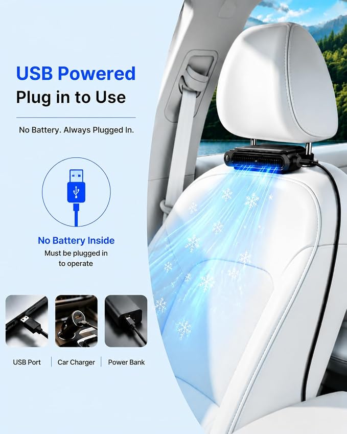 Car Fan for Front & Rear Seats, USB-Powered, Portable Seat-Mounted Cooling Fan with 3 Speeds, Quiet Brushless Motor, Baby-Friendly, Easy Installation for Cars, SUVs, Vans & Trucks - Image 2