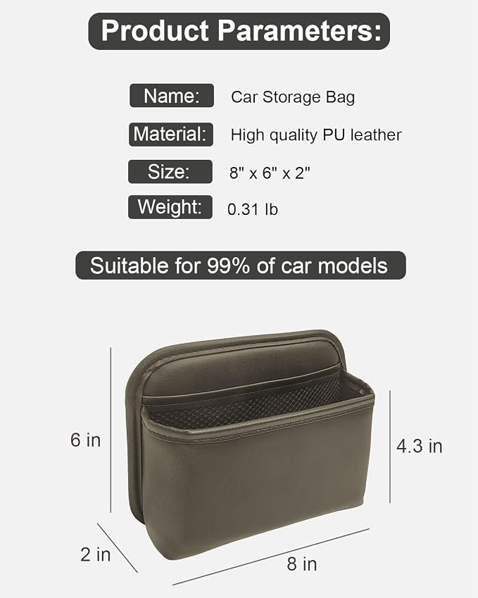 Car Seat Side Pocket Organizer for Car Doors and Consoles, Brown | Reusable Adhesive Car Storage Bag, Holds phones keys wallet sunglass etc, Suitable for all vehicles, PU Leather - Image 2