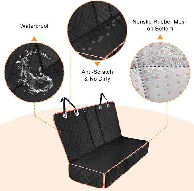 Oxford Dog Back Seat Cover with Side Flaps, Orange Border | water-resistant surface, non-slip backing, headrest straps, belt openings, fits most rear seats, interior accessories - Image 3