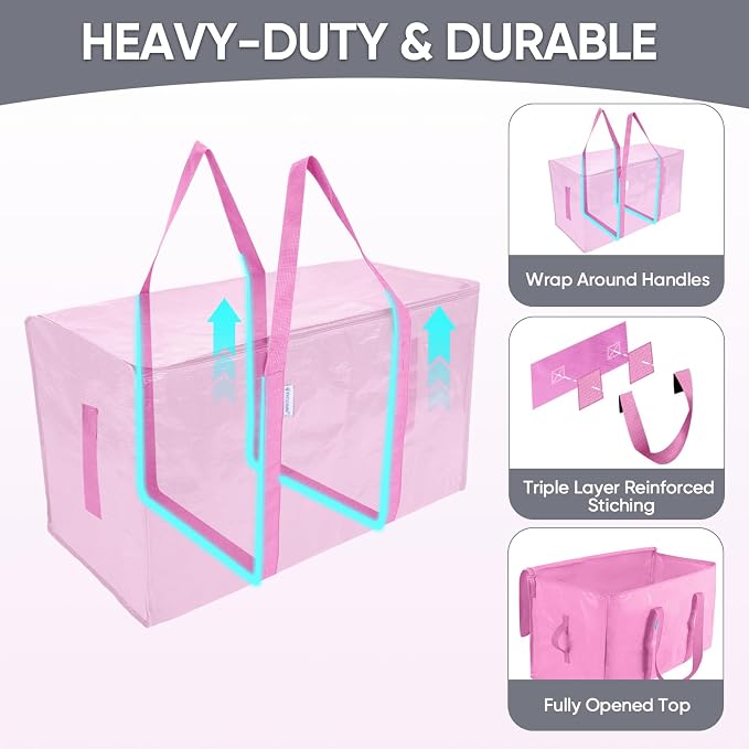 TICONN 8 Pack Extra Large Moving Bags Heavy Duty with Zippers & Carrying Handles, Durable Storage Bags Moving Boxes for Closet Organizers and Storage (8 Pack, Pink) - Image 3