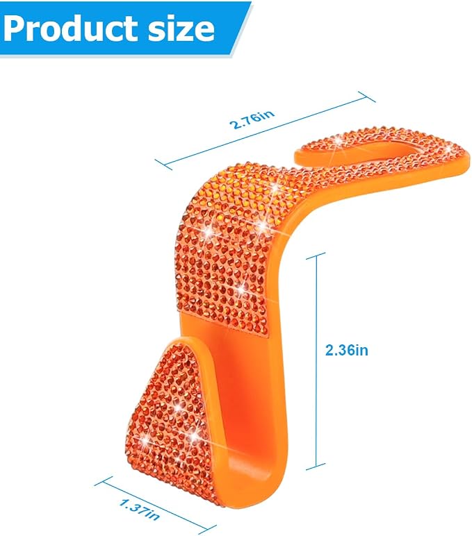 Zpana 4PCS Bling Car Seat Headrest Hooks, Vehicle Back Seat Purse Handbag Hanging Holder with Crystal Rhinestone, Diamond Storage Organizer Hook, Universal Automotive Accessories (Orange) | Vehicle Back Seat Purse Handbag Hanging Holder, Crystal Diamon... - Image 2