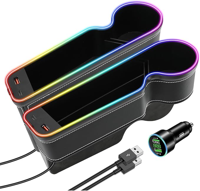 7 Colors LED Car Seat Gap Organizer with 56W Fast Charger 2 Pieces | Center Console Gap Filler with USB Type C Charging,Car Seat Organizer Cup Holder,Auto Interior Accessories with Ambient Light by Unknown