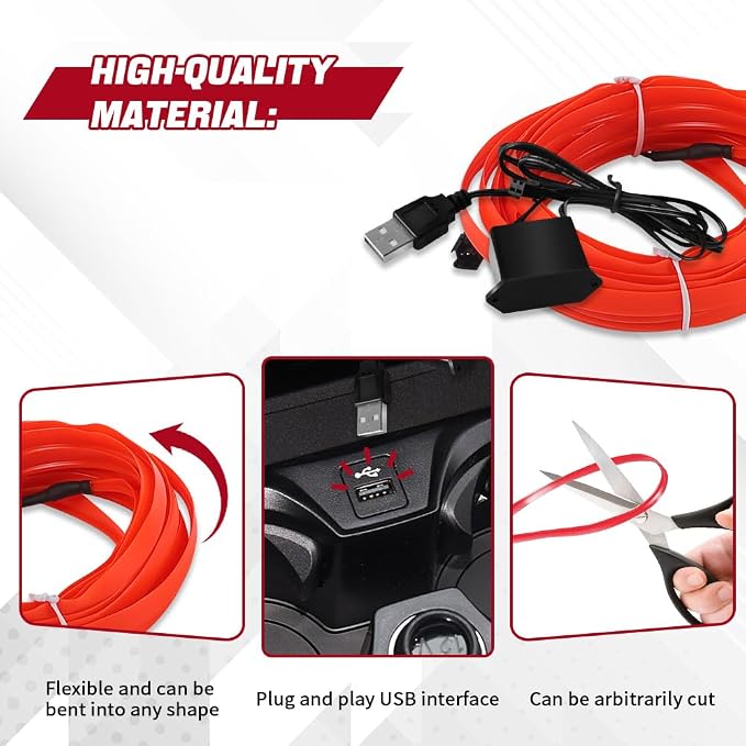 EL Wire Interior Car LED Strip Lights, 16.4FT RGB USB Neon Automotive Light Strip, Electroluminescent Vehicle Ambient Lighting Kit, Interior Decoration Car Accessories (Red) - Image 5
