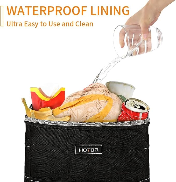 HOTOR Car Trash Can, Compact Waterproof Organizer, Leak-Proof Bin, 3-Gallon | Black, Multifunctional Car Accessory with Adjustable Straps & Magnetic Snaps for Interior Car Storage - Image 4
