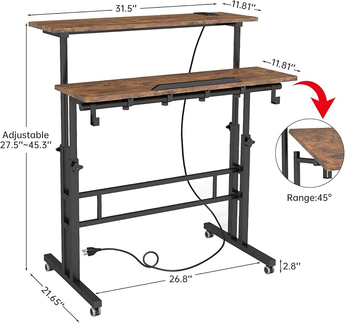 SIDUCAL Mobile Standing Desk with Charging Station, Portable Desk for Walking Pad, Adjustable Computer Workstation with Wheels, Office Table Stand with Tilted Desktop 23.62" D X 31.5" W Rustic Brown - Image 2