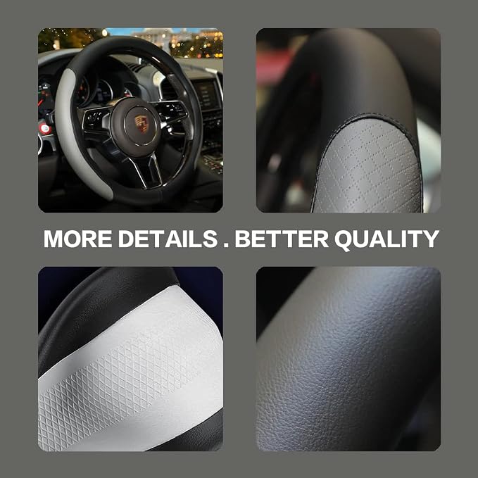 Steering Wheel Cover, Microfiber Leather Splicing with Classic Embossing,Contrasting Colors Anti-Slip Breathable Auto Car Steering Wheel Cover Fit 15 Inch Car Wheel Protector (Black&Gray) - Image 4