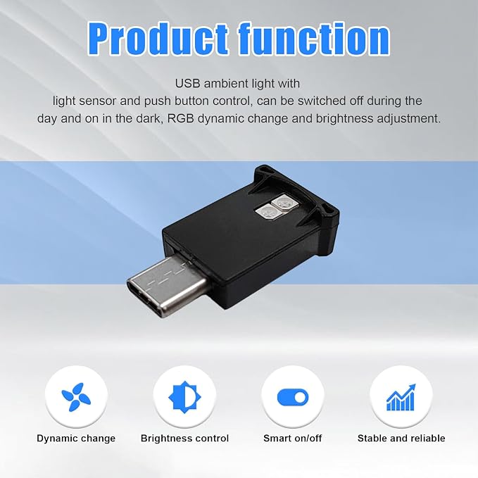 USB Type C LED Ambient Light, 8 Colors RGB Dynamic Gradient Brightness Interior Atmosphere Lamp, Mini Adjustable Car Accessories Replace Lighting Parts for Home Laptop - Image 3