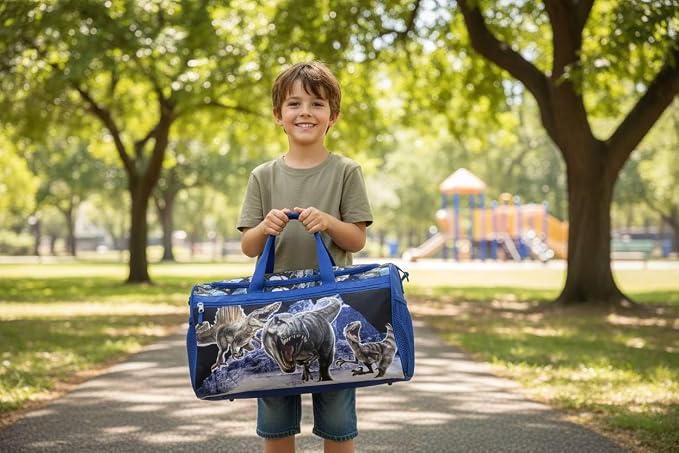 Jurassic World Kids Duffle Bag 16.5" – Dinosaur Travel & Sports Bag with Zipper Pocket, Mesh Side Pockets & Strap - Image 2