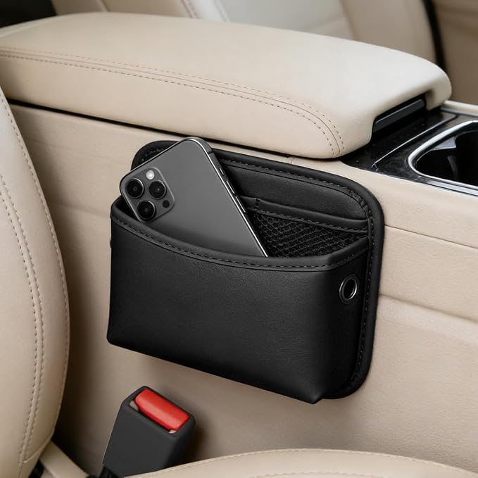 Car Seat Side Pocket Organizer, Leather Automotive Seat Door Pouch Bag Organizer, Vehicle Wallet Cards Phone Sunglasses Storage Holder Pocket Accessories, Universal Fit (Black) - Image 3