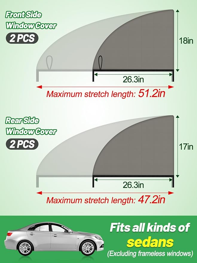 PAMASE Set of 4 Car Window Shades for Sedan | Stretchy Mesh Car Side Window Covers, Anti-Mosquito, Privacy, Sun Shade for Camping, Fits Family, Baby, or Pet When Parking - Image 2