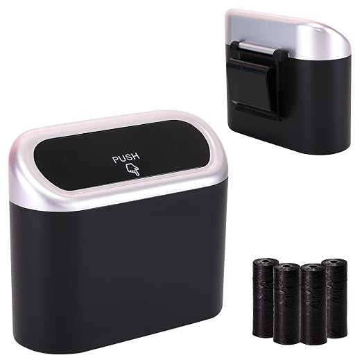 Ginsco Mini Car Trash Can with Lid, Small Car Garbage Can, Cute Leakproof ABS Car Trash Bin, Car Accessories for Interior, Garbage Bin for Car, Home, Office with 60pcs Trash Bags Black/Silver by Ginsco