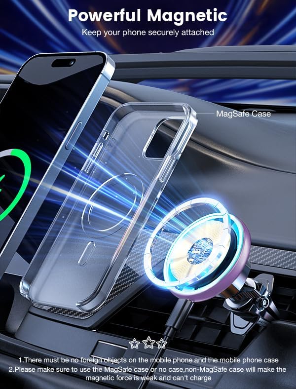 for Magsafe Car Mount Charger 15W LED RGB Car Phone Holder for Dash Vent | HandsFree Magnetic Wireless Car Charger Car Mount Fast Car Charger for iPhone 17 16 15/14/13/12 Series Purple - Image 6
