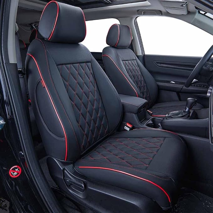 EKR Car Seat Covers for Honda HRV 2023-2027,Leatherette Full Set | Custom Fit for Honda HRV EX-L 2023-2027 Glove-Like Fit,Airbag Compatible,Easy Clean,Faux Leather(Black with Red Piping) by EKR