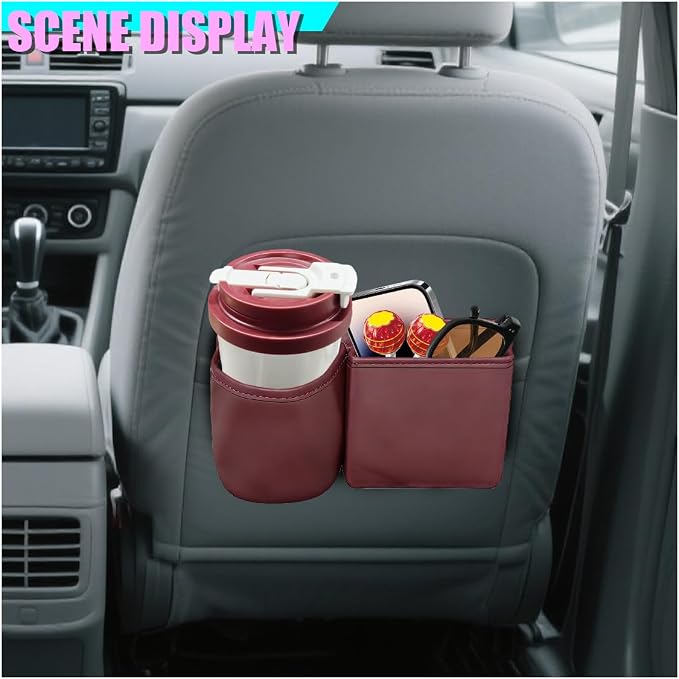 Car Side Door Organizer, Leather Auto Back Seat Storage Pouch with Cup Holder, Car Console Side Trash Can, Universal Vehicle Interior Organizer Pocket for Phone, Coin, Sunglasses (Red) - Image 3