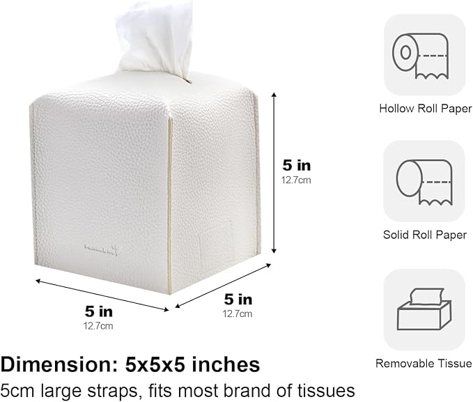 Tissue Box Cover 5X5X5'' PU Leather Tissue Holder Square Tissue Cube Box Organizer for Bathroom Vanity Countertop, Car, Night Stands, Office, Home, Kitchen (1Pack, White) - Image 4
