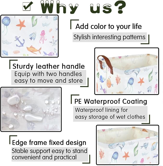 Rectangle Fish Basket,Ocean Animals Waterproof Kids foldable Laundry Basket,Nursery Hamper,Boys and Girls Hamper,kids Room decor, kids toy organizer,Gift basket(Ocean Animals) - Image 6