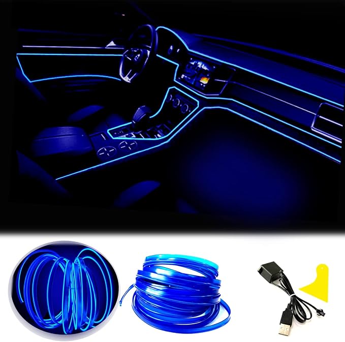 El Wire Blue Interior Car LED Strip Lights, 2M Neon Wire USB 5V with Fuse Protection for Automotive Interior Decoration, with 6mm Sewing Edge by Maxlaxer