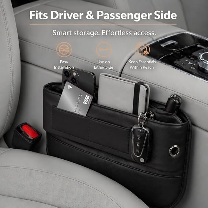 Car Seat Gap Organizer - Premium PU Leather Gap Filler with Storage Pockets, Universal Fit for Car, Truck, SUV - Prevents Phone, Keys from Falling Between Seats, Black - Image 5
