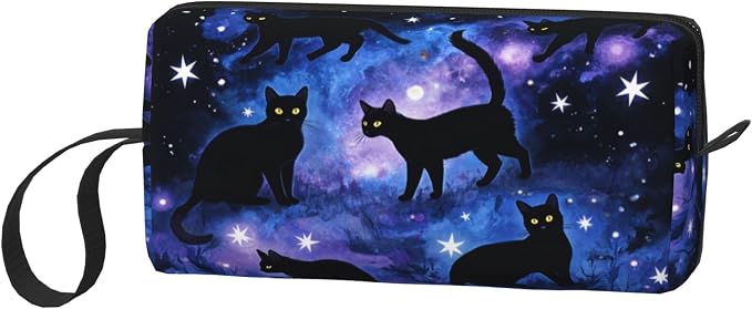 Black Cats Galaxy Stars Makeup Bag for Women with Wrist Strap | Durable 600D Oxford Fabric Cosmetic Organizer,Compact Travel Pouch with Handle for Gym & Daily Use - Image 2