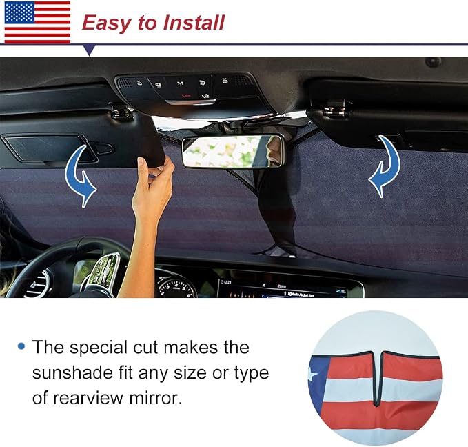 Car Windshield Sun Shade American Flag Design, KANCOKIT Foldable Car Front Window Sun Shield for SUV Truck Van, Keeps Your Vehicle Cool, Protects Dashboard from Fade and Cracks (59 x 33.5 Inch) - Image 4