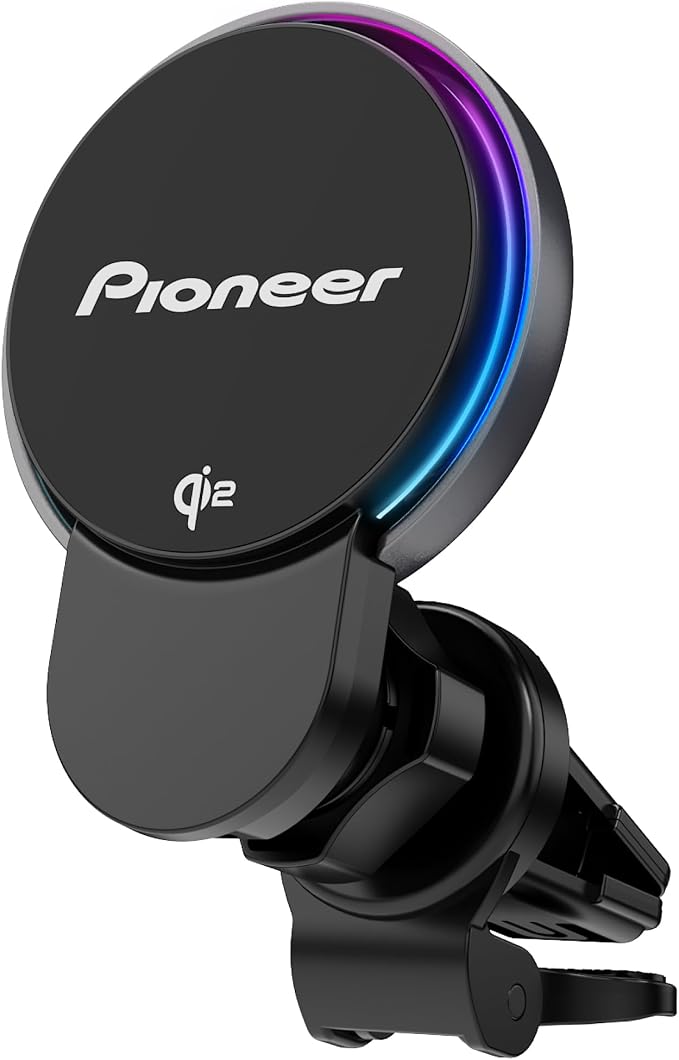 Pioneer Qi2 MagSafe Wireless Car Charger and Phone Mount | MagSafe Compatible, Air Vent Mount, Cooling Fan, RGB Illumination, Includes Metal Ring by Pioneer