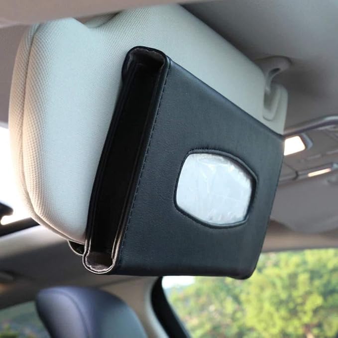 Car Tissue Holder for Sun Visor, PU Leather Napkin Case Box Black | Car accessories keep interior tidy, travel-friendly, installs on car visors fast, quick reload, fits sedans trucks SUVs - Image 3